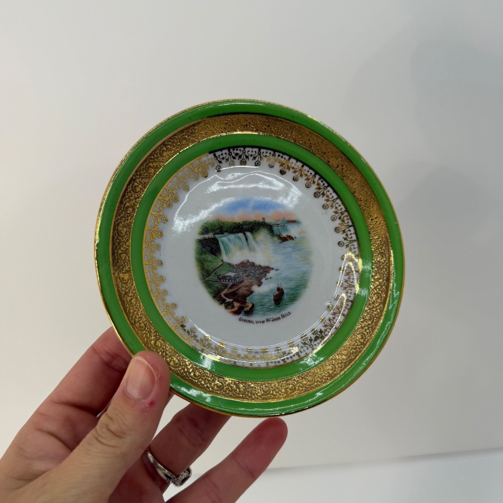 Vintage General View Niagara Falls Souvenir‎ Decorative Plate Green Gold Trim 5"